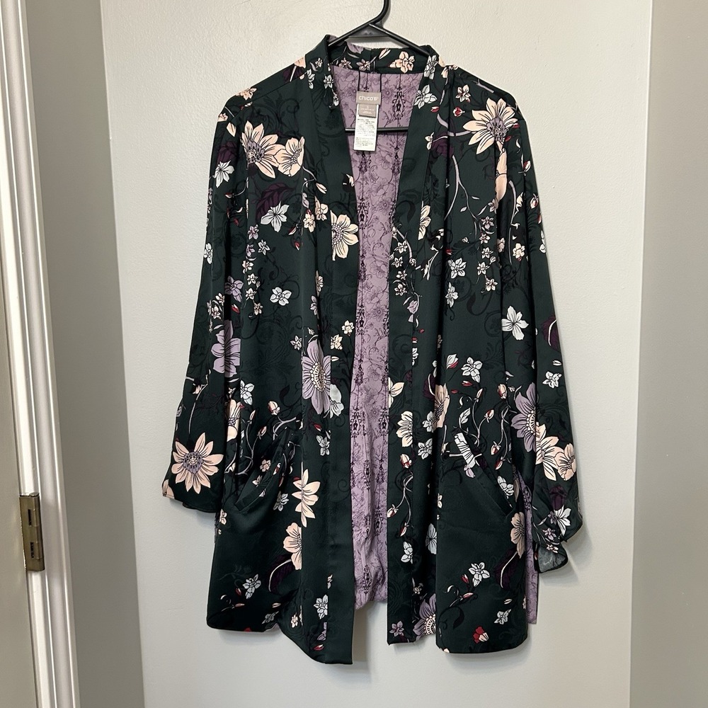 Chico's Floral Open Front Kimono Jacket Green Lavender 3/4 Sleeve Size 3 16/18